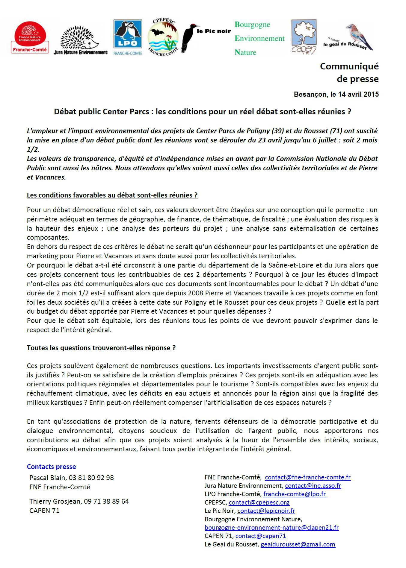 Communiqué de presse des APN Bourgogne et Franche-Comté – Débat public Centerparcs